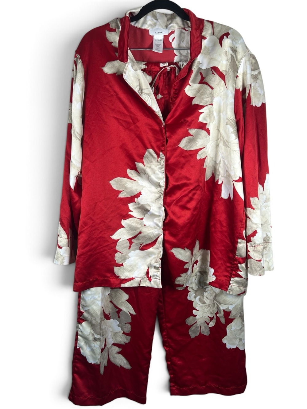 Natori Red Floral Satin Pajama Set Wide Leg Womens XL Loungewear Quiet Luxury